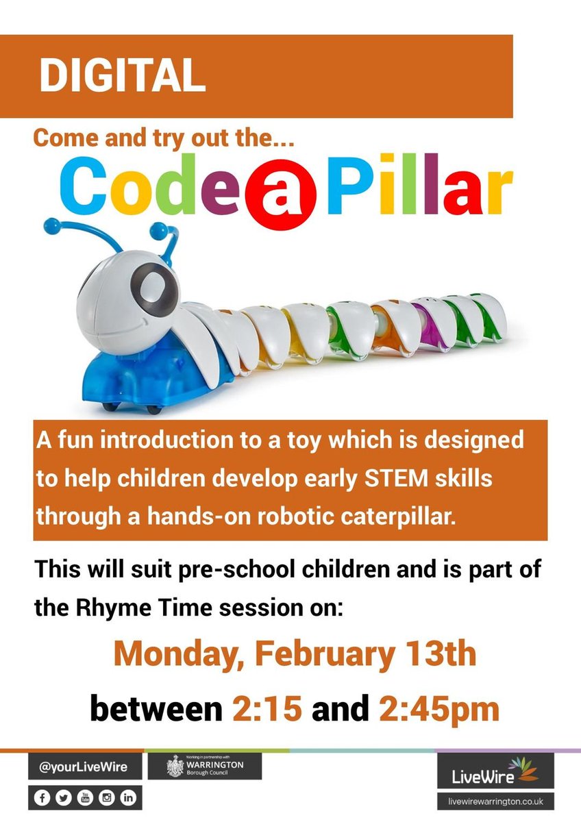 WeAreFoCL's tweet image. Come and try out the #CodeaPillar at Culcheth Library!
Monday 13th February, 2.15 - 2.45 pm