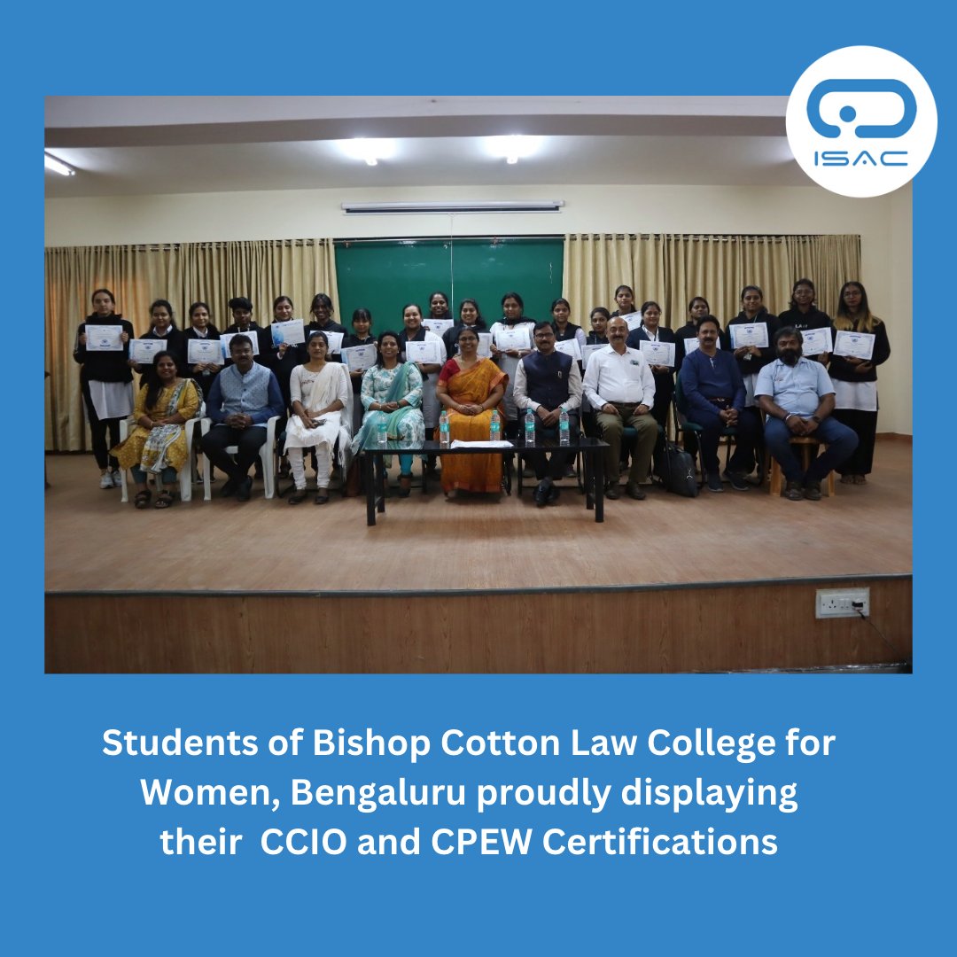 isacfoundation's tweet photo. ISAC is happy to announce the successful completion of the CCIO and CPEW #Certification for the women students of Bishop Cotton Law College. ISAC compliments the management of the institute to support such an #initiative. 
https://t.co/PfBG2PqVx6 
#isac #isacindia #ccio #cpew https://t.co/ieVDb0dC2t