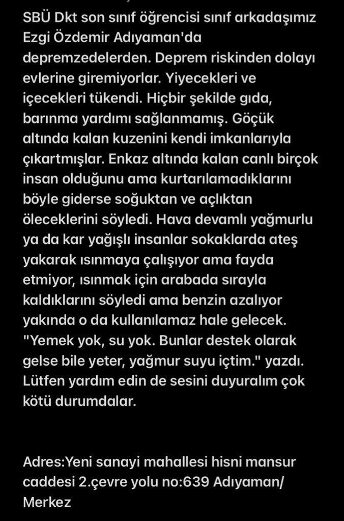@avemrahk sınıf arkadaşımız Adıyaman’da Ezgi Özdemir’e acil yardım gerekiyor

Adres:Yeni sanayi mahallesi hisni mansur caddesi 2.çevre yolu no:639 Adıyaman/ Merkez