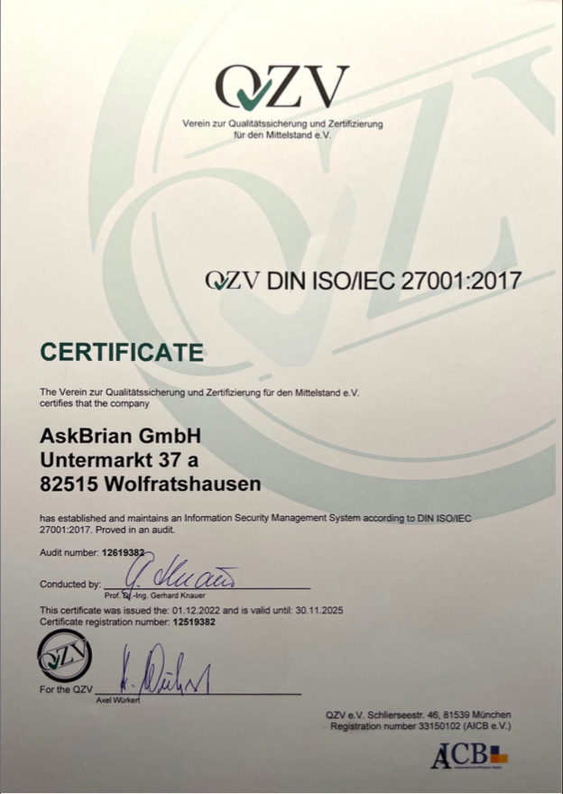 AskBrianAI's tweet photo. Brian is #ISO27001 certified!

While we’ve ensured your data is safe, we now have official proof!
This certificate is awarded for having an international standard for managing information security.
Congrats on a colleague with the highest #datasecurity standards! https://t.co/llVSwm6MFk