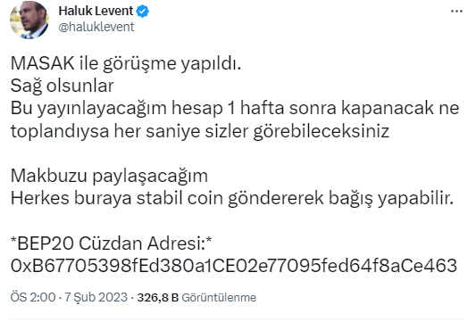 Turkey was struck 7.8 mg earthquake. A “level 4” alarm that calls for international assistance is declared. Here is a government approved donation wallet. 

$USDT $BUSD  
Binance Smart Chain(BSC) -BEP20 Cüzdan Adresi:
0xB67705398fEd380a1CE02e77095fed64f8aCe463
