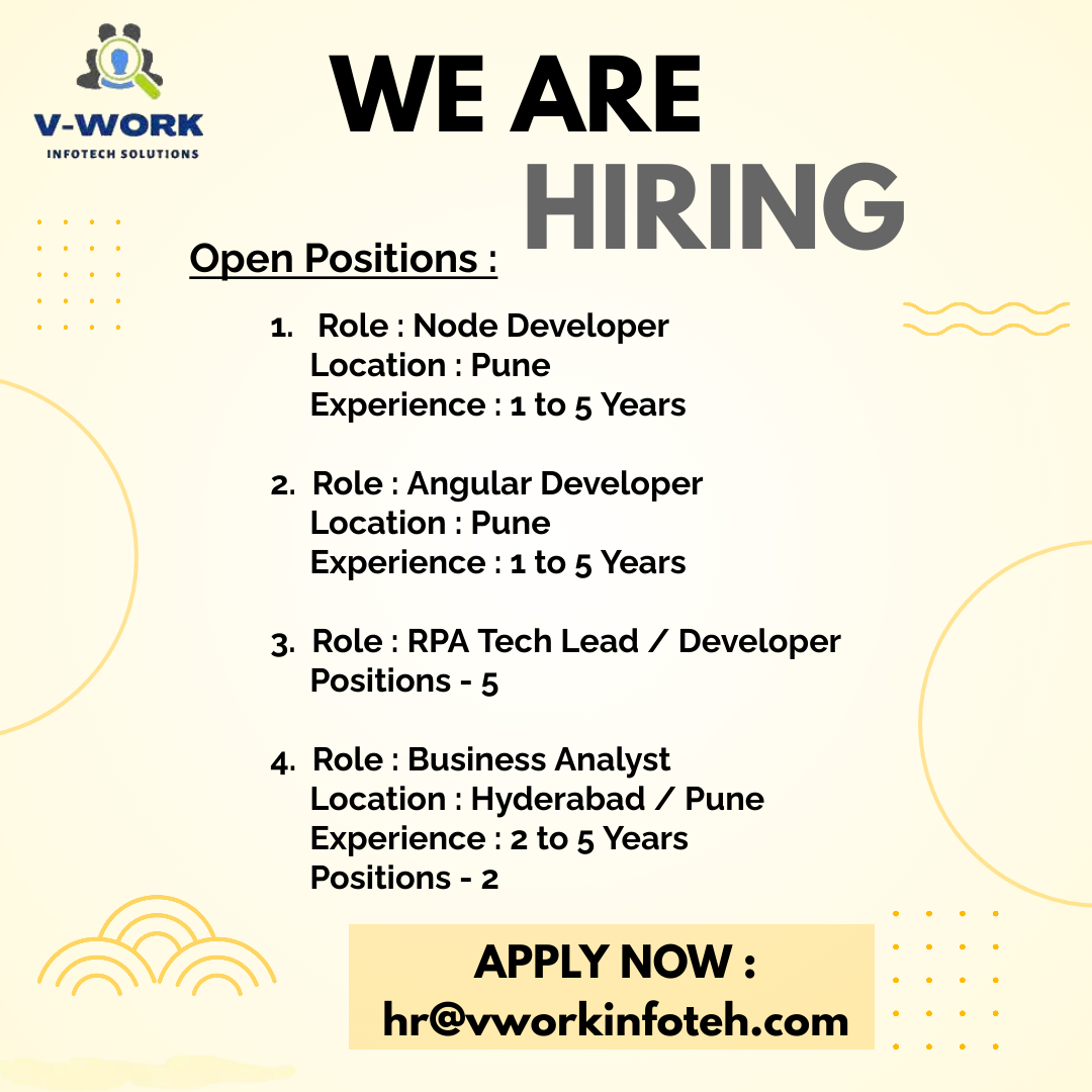 VworkInfotech's tweet image. We are looking for,
#NodeJS #Nodedeveloper #angulardeveloper #rpatechlead #businessanalyst