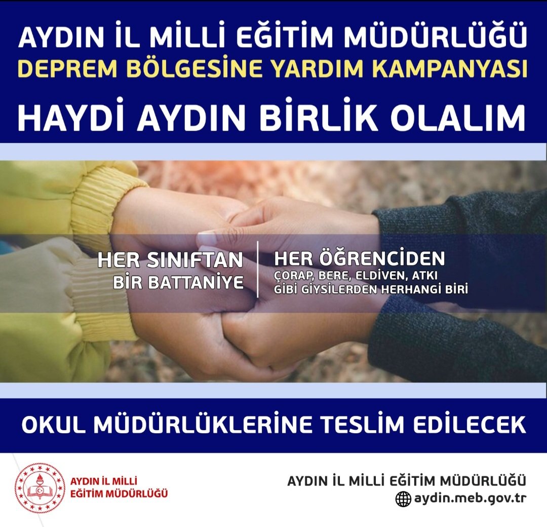 Gün birlik olma günü. Aydın İl Milli Eğitim Müdürlüğü tarafından gercekleştirilecek olan yardım kampanyası kapsamında yardımlarınızı yarın (08.02.2023) tarihinde okulumuza bırakanilirsiniz. <a href="/Aydin_MEM/">Aydın İl Millî Eğitim Müdürlüğü</a> <a href="/KoskMem/">Köşk MEM</a> <a href="/Selim_Karatas09/">Selim Karataş</a> <a href="/Murat051909/">Murat</a>