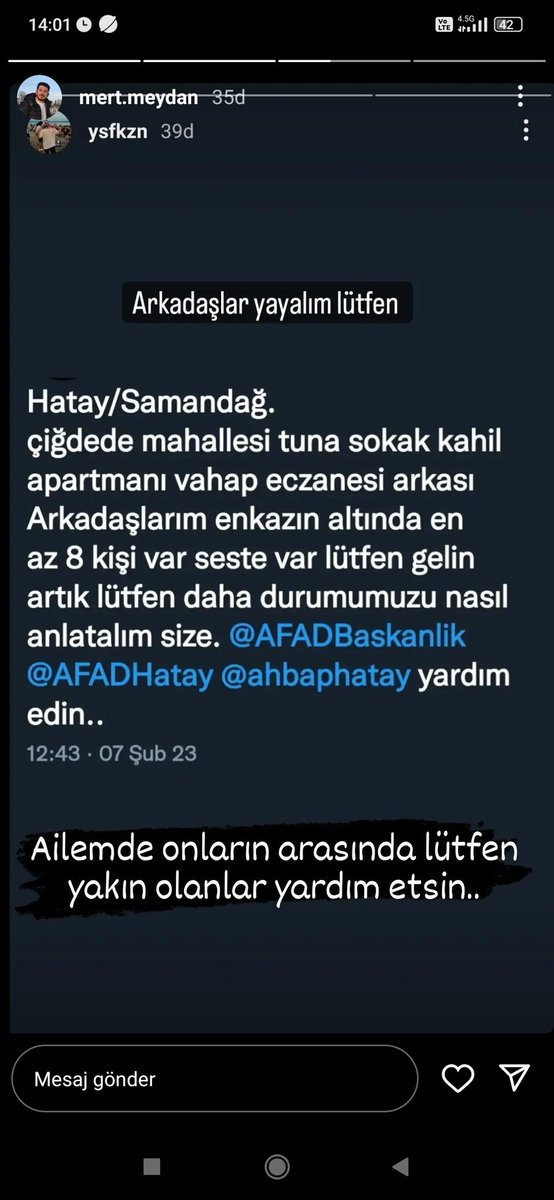 Tubaa_Avcu's tweet photo. Hatay'da arkadaşımın ailesi enkaz altında yardıma ihtiyaçları var 
@AFADBaskanlik @ahbap @BabalaTv https://t.co/ut47Q4JLlA