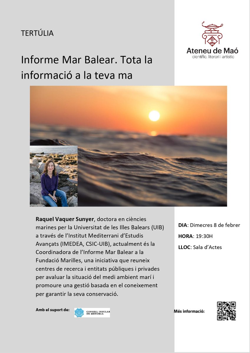 MarillesFund's tweet photo. 🪸 Menorca és Reserva de la Biosfera, però quin és l'estat de la mar que envolta l'illa?
👩💼Aquest dimecres, 8 de febrer, la coordinadora de l'#InformeMarBalear, Raquel Vaquer, explicarà la situació climàtica de la mar i les pressions que pateix. https://t.co/NV0jM8vzVX