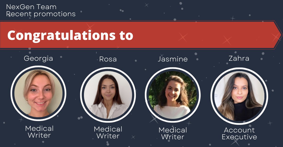 We are delighted to announce our most recent promotions at NexGen! Huge congratulations to Georgia, Rosa, Jasmine and Zahra! 🎉 

#medcomms #agencylife #pharma #healthcarecomms