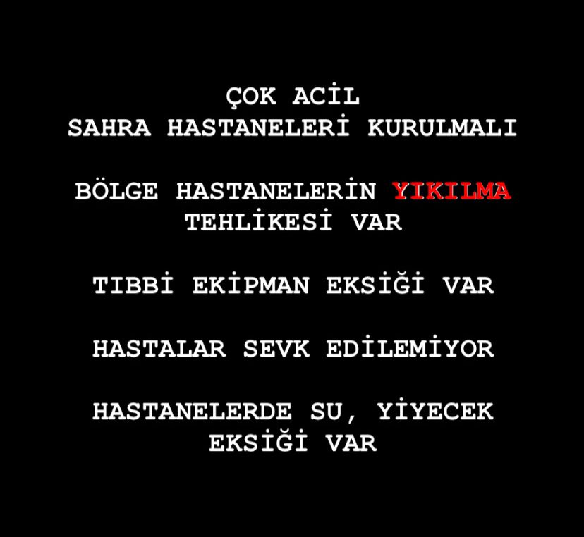 Deprem Bölgesindeki sağlık çalışanlarından da aldığımız bilgilere göre çoğu hastane depremden ciddi şekilde etkilenmiş durumda. Tibbi malzeme yetersizliği dolayısıyla müdahale şansları çok azalıyor.
#sahrahastanesivemalzemeistiyoruz
<a href="/saglikbakanligi/">T.C. Sağlık Bakanlığı</a> 
<a href="/haluklevent/">Haluk Levent ( Ahbap Ekibi )</a> 
<a href="/ahbap/">Ahbap</a>