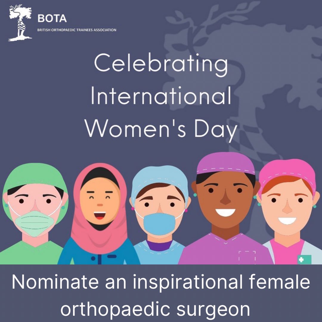 To celebrate IWD 2023 please nominate women in ortho who have inspired you by emailing wis@bota.org.uk with their name, email address and why you’re nominating them. Deadline: 24/02/23
<a href="/bota_uk/">BOTA</a> <a href="/BOTA_CD/">BOTA_C&D</a> <a href="/BritOrthopaedic/">BOA</a> <a href="/BOMSA_UK/">BOMFA</a> <a href="/RCSnews/">The Royal College of Surgeons of England</a> <a href="/RCSEd/">The Royal College of Surgeons of Edinburgh</a> #orthotwitter