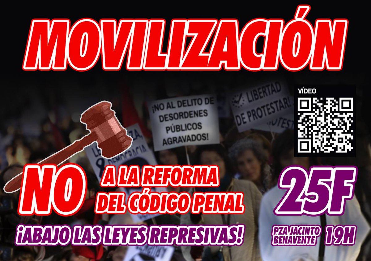 SoliObrera's tweet photo. 🆘Contra la criminalización de la protesta.
⬛El cambio del código penal sobre el delito de sedición esconde el agravamiento de penas para la lucha sindical y social.
#PrisionPorProtestar
🟥MANIFESTACIÓN
💪Sábado #25Feb 19h
Plz. Jacinto Benavente
Video👇
https://t.co/QKNc8g7HKj https://t.co/h9yUxAyd0T