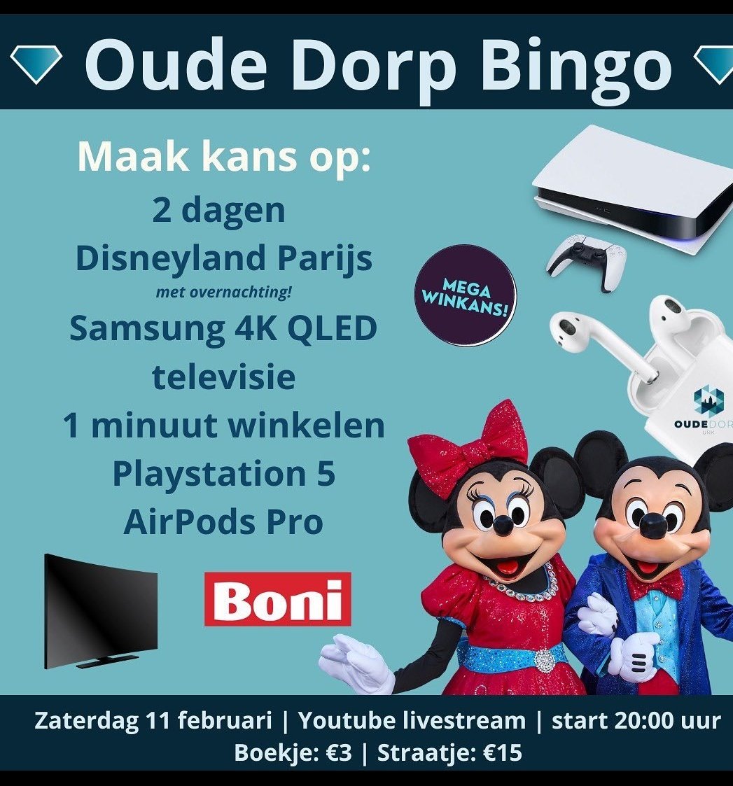 Heb jij je BINGO kaarten al gekocht voor aanstaande zaterdag?
Veel mooie prijzen waaronder: