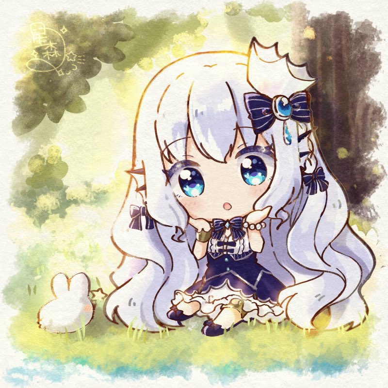 1girl blue eyes chibi rabbit sitting bow solo  illustration images