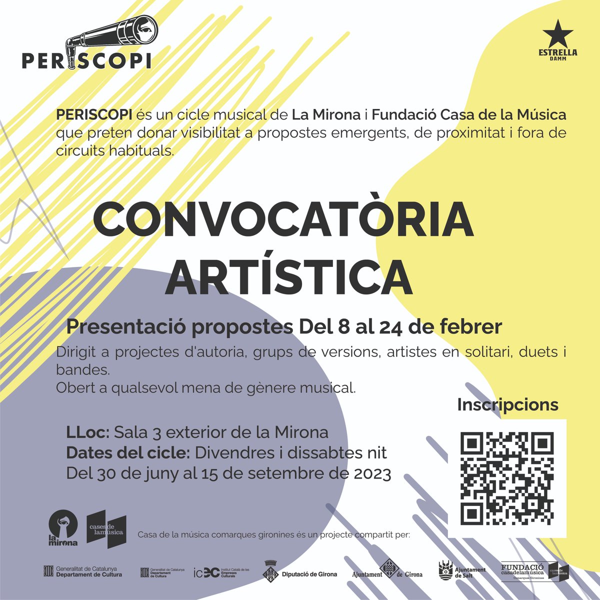 casamusicagi's tweet photo. 📢 CONVOCATÒRIA ARTÍSTICA📢
La Mirona i @casamusicagi obre convocatòria artística, per tal de nodrir la programació del #Periscopi, el nou cicle musical d'estiu de la Mirona.
Les inscripcions romandran obertes fins al 24 de febrer🔗 https://t.co/RDTFZcD2Rn https://t.co/kSgAmjUC51