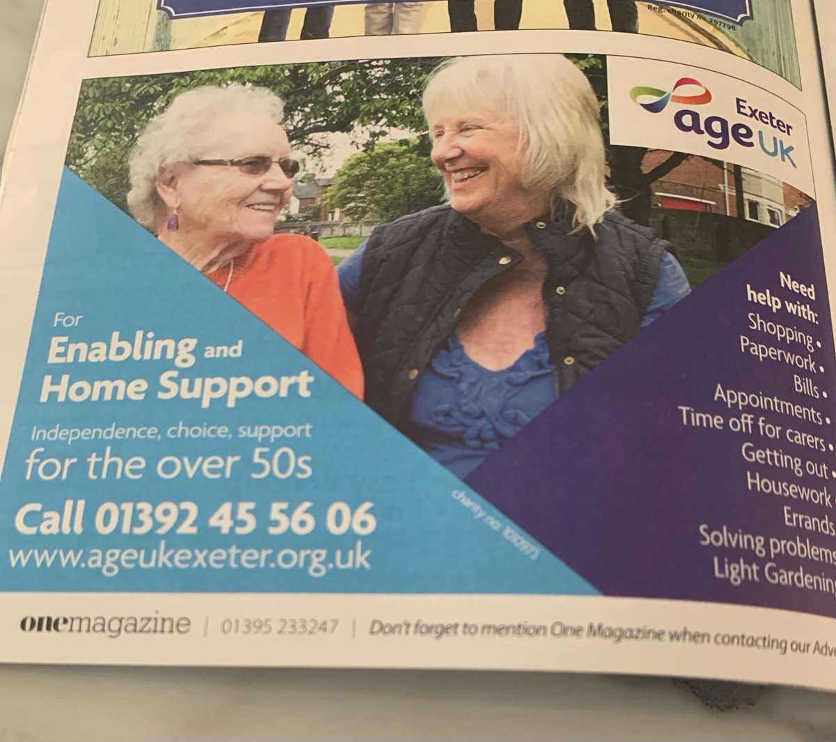 Thank you to the team from <a href="/ONEmagdevon/">One Magazine</a> for supporting us in promoting our  support services and activities for everyone 50+ 

As well as information on our Enabling, Day Care and Handyperson services there are a  number of interesting articles and we ❤️ the Brain Teasers.
