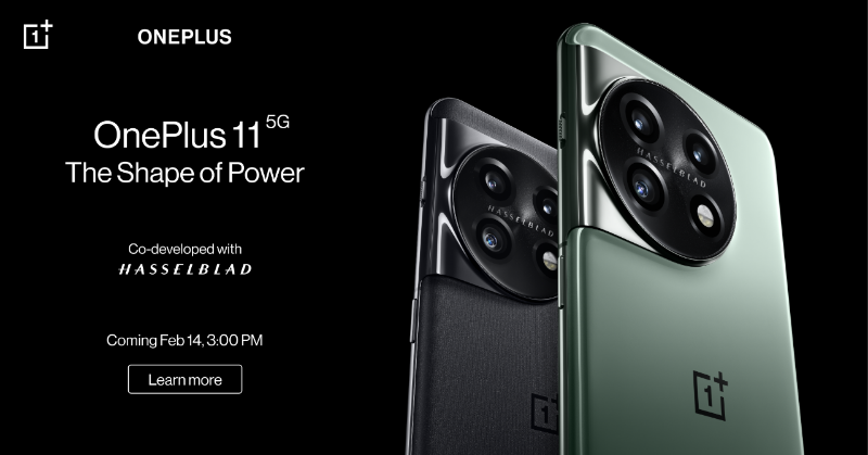 oneplus's tweet photo. Equipped with a stunning, co-created Hasselblad camera, high performance, and fast-charging, the #OnePlus11 is coming Feb 14.