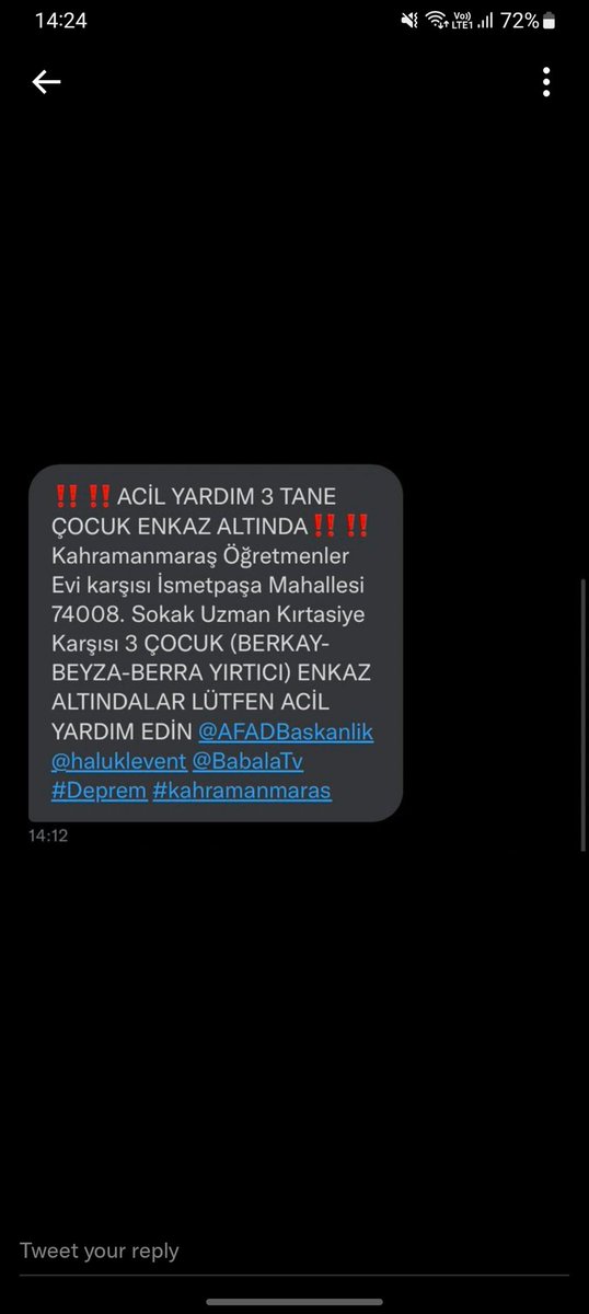 baleyris's tweet photo. lutfen yayalim @haluklevent @OguzhanUgur @AFADTurkiye @BabalaTv  #Kahramanmarasafad #deprem #afaddeprem https://t.co/IIkMjBu1P5