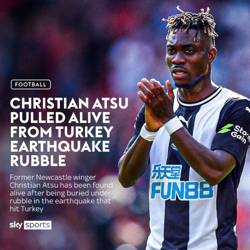 SkySportsPL's tweet photo. Christian Atsu has been found alive after being buried under rubble in the earthquake that hit Turkey.
