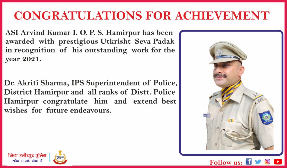 #HamirpurPolice              #AtiUtkishtSevaPadak           #Year2021     #Achievement       #Congratulations