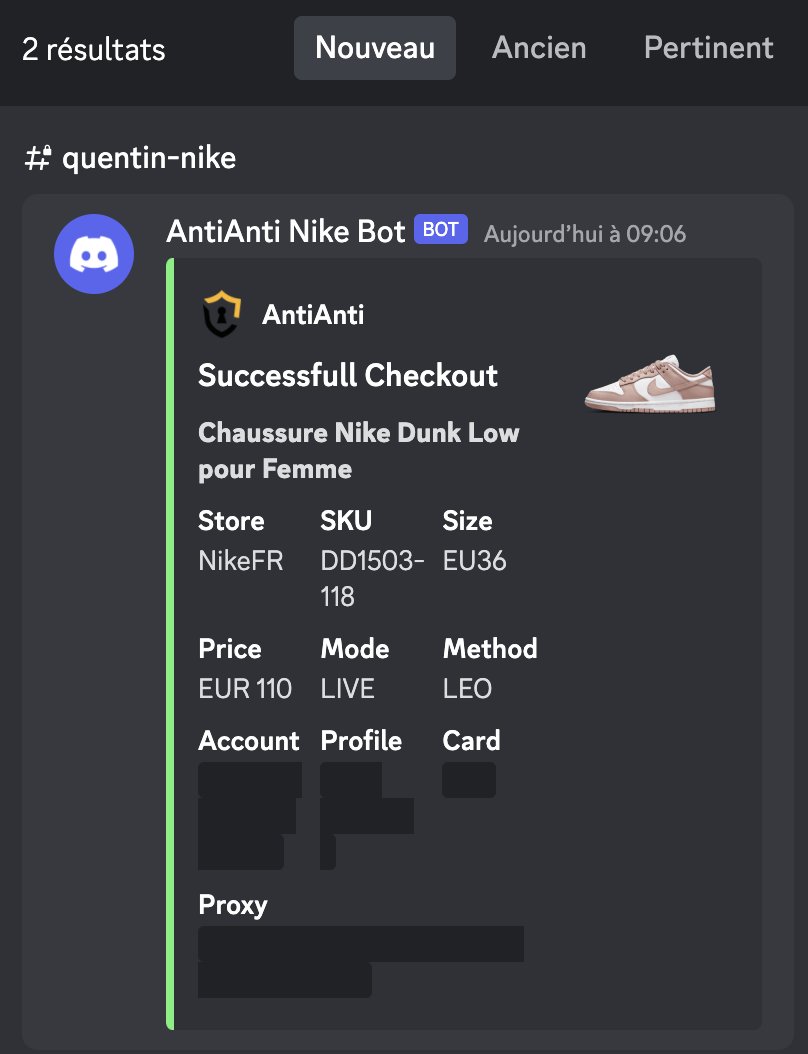 7 Dunk Low Whisper And 30 Checkouts failed because no money ! 
Cg : <a href="/Nootify/">Nootify</a> <a href="/FeedL2_0/">FeedL2.0</a> 
Bot: <a href="/AAShoppingBot/">AntiAntiBot</a> 
Proxies : <a href="/BlueMagicProxy/">Blue Magic Proxies</a> <a href="/TheLemonClub_/">LemonClub</a> 
Tools : <a href="/raffLESS_/">raffLESS</a> <a href="/No3DS/">3DYES</a> @KenkiTools <a href="/SpeedUp_Corp/">SpeedUp Tools</a> 
Raffle Group : @Haizumraffle 
Best Nike ACO : <a href="/TheCloudACO/">Cloud ACO</a>