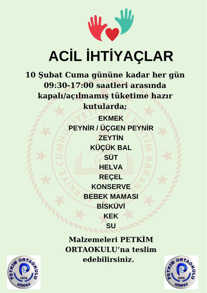 petkimortaokulu's tweet photo. ACİL İHTİYAÇLAR❗️ https://t.co/3QbQ95KJ2Q