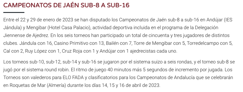 AjedrezJaen's tweet photo. Dejamos por aqui un resumen de los torneos provinciales de Jaén categorias Sub-8 a Sub-16 https://t.co/Qw0PU5x5it https://t.co/Xz2bY4ZIPP