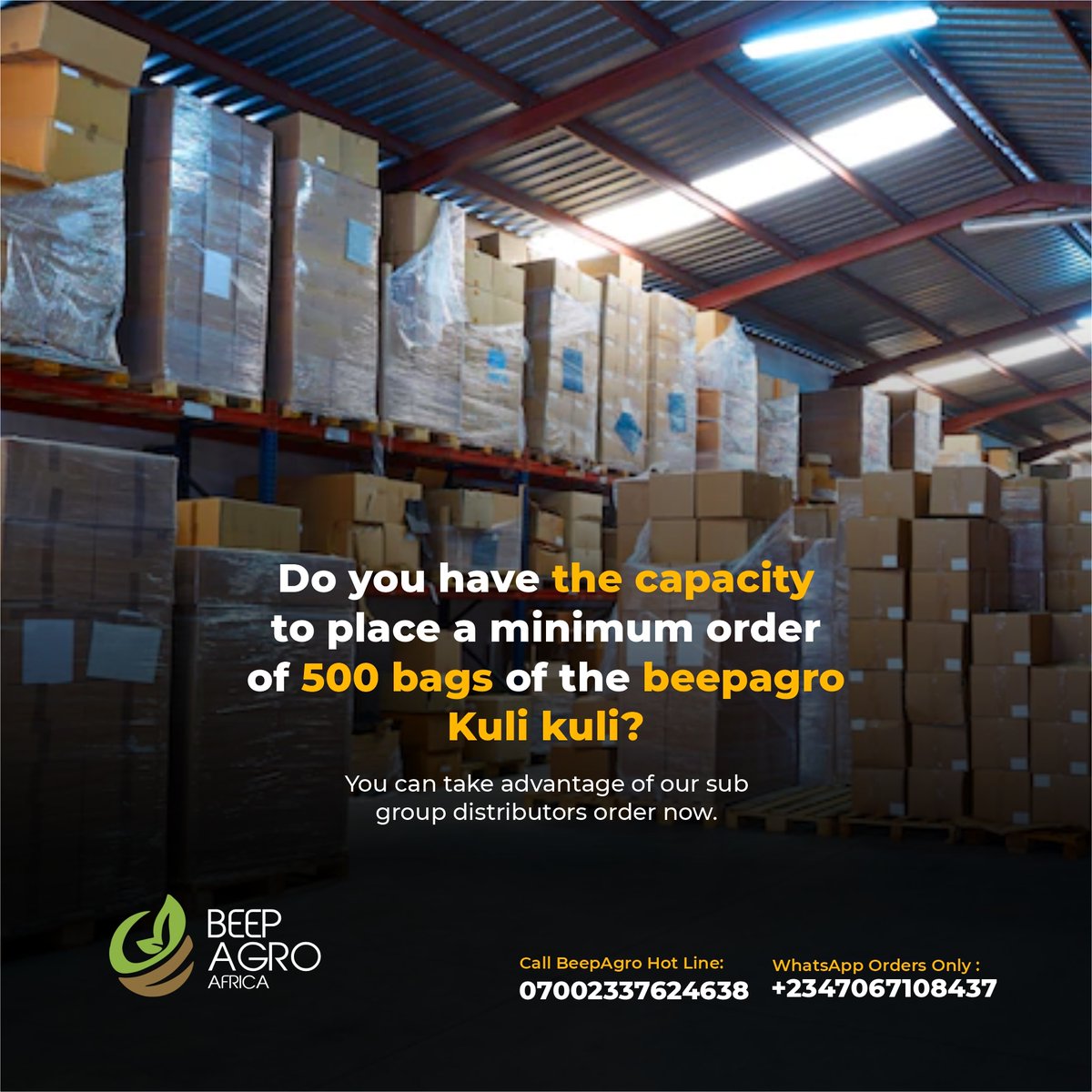 BeepMagnet's tweet photo. Do you have the capability to place an order of minimum of 500 bags of our Kuli Kuli products.

Take the opportunity to be our sub group distributor at your location now.

#BeepAgroKulikuli #sales #vendor #distributor
#BeepAgroEgusisoupMix #lagos #bmtoken #beepmagnet #beepagro https://t.co/rcVfgOpfHm
