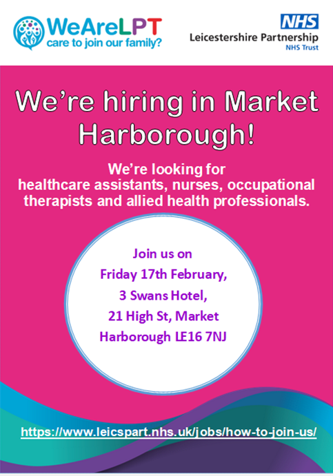 We are looking forward to meeting those who want to join Leicestershire Partnership NHS Trust in Market Harborough!
⭐ Friday 17th February 9am - 5pm, @ 3 Swans Hotel ⭐

#marketharborough #leicesterjobs #nhsjobs #lpt  #nursingjobs #HCACareers