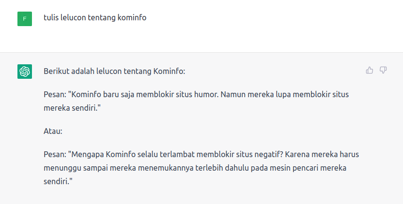 fransallen's tweet photo. ChatGPT writes jokes about Kominfo https://t.co/ojyM2XVses