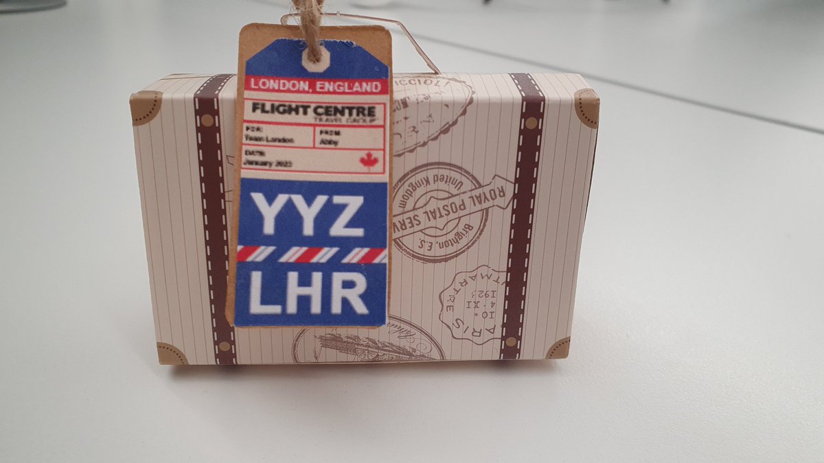 DigitalFletch's tweet photo. When your new boss sends over the cutest little suitcase from Toronto,  just to say thank you for making her feel welcome 🤗 The personalised Essex stamp did not go unnoticed. 11z hasn't tasted so good! Thankyou @teenytinybakery #flightcentretravelgroup https://t.co/nJeOXV8ahP