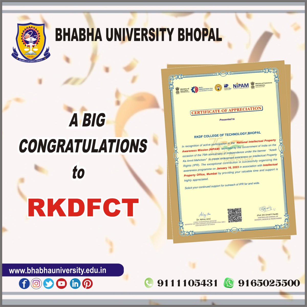 BhabhaUniversty's tweet photo. Many congratulations to RKDFCT, Bhabha University, Bhopal.
For more details,
visit 🔗 https://t.co/0oBknupvb6
#bhabhauniversity #IPR #NIPAM #IP #AICTE #moecs #MoE #RKDFCT #achievements #certification https://t.co/Sl6C83o6LN