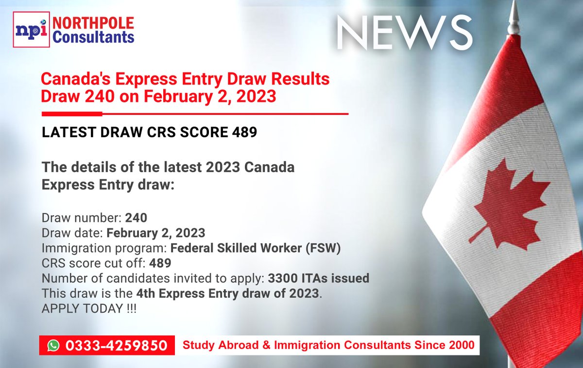 📢📢📢🇨🇦🇨🇦🇨🇦📢📢📢
𝐂𝐚𝐧𝐚𝐝𝐚 𝐈𝐦𝐦𝐢𝐠𝐫𝐚𝐭𝐢𝐨𝐧 𝐔𝐩𝐝𝐚𝐭𝐞𝐬 
#IRCC Updates about #ExpressEntryDraws & Foreign Nationals #ImmigratingtoCanada under #ExpressEntry and Provincial Nominee Programs #PNP. For Canada #Immigration & Student #Visa under #SDSStream Contact us.