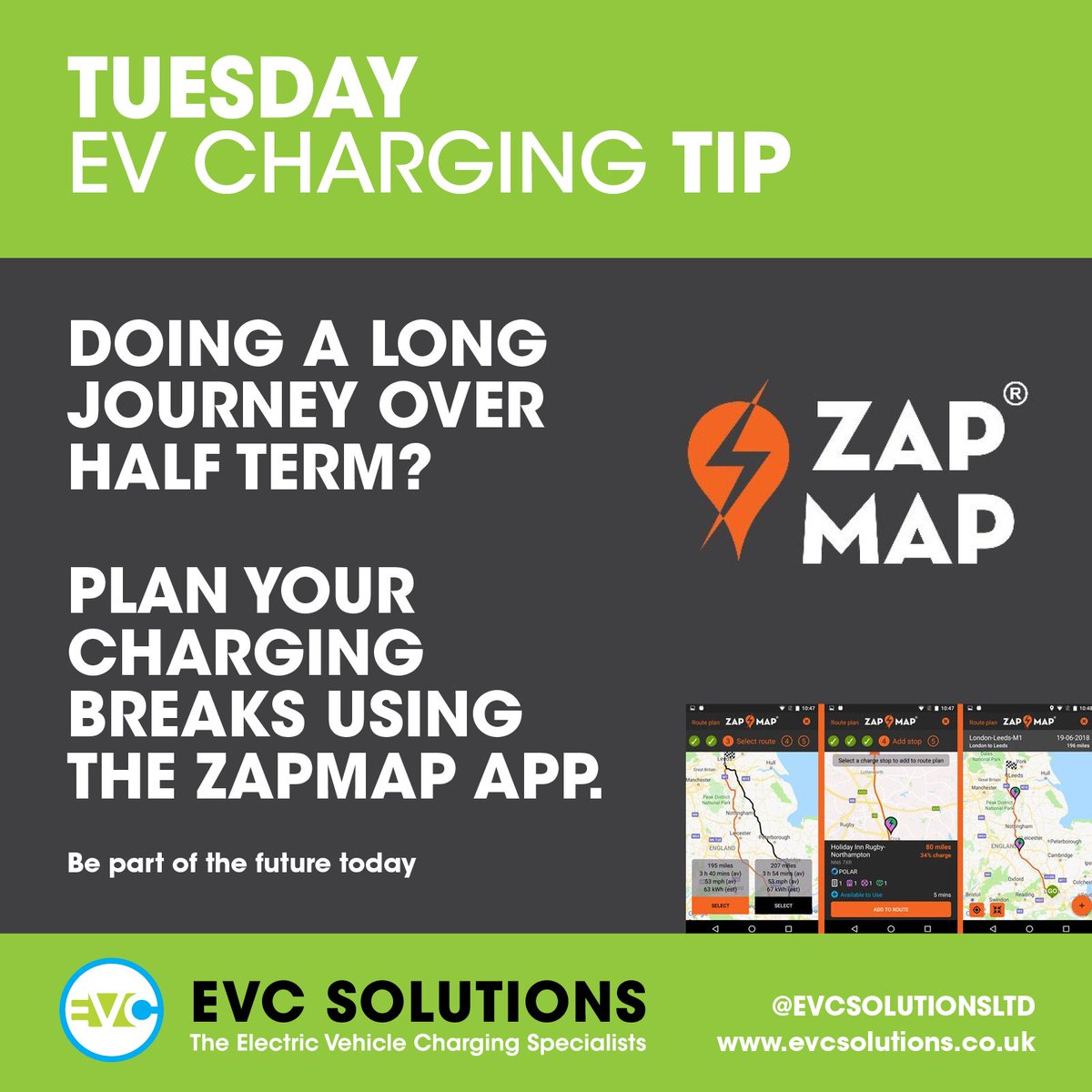 TUESDAY EV CHARGING TIP

With the half-term approaching, you may make longer trips than usual in your EV. Plan ahead with <a href="/zap_map/">Zapmap</a> and organise your charging pit stops!

Be part of the future today!

#evcharging #evcharger #electricvehiclecharging #goEV #electricvehicles #zapmap