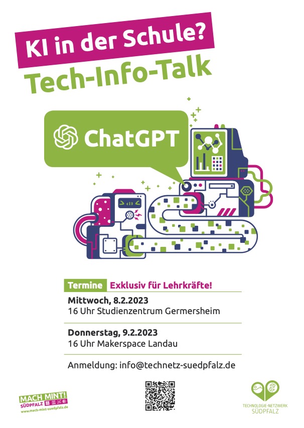 Für Kurz-Entschlossene! Bei unserem Info-Talk für Lehrkräfte zum Thema ChatGPT am 8.2.2023, 16 Uhr im Studienzentrum Germersheim sind noch Plätze frei. Wer Interesse hat, einfach eine kurze Nachricht an info@technetz-suedpfalz.de  #schulen #ChatGPT