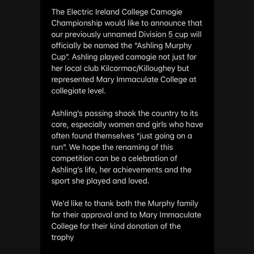 3rdLevelCamogie's tweet photo. Today we announce the previously unnamed Division 5 cup will be named the Ashling Murphy Cup. 

Thank you to the Murphy family for their approval and Mary I for the kind donation of the trophy. https://t.co/sui2oAMiLo