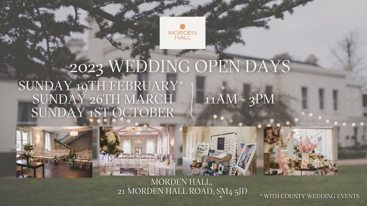 You are invited to our Wedding Open Days in 2023! 
Meet the team, have a tour &amp; enjoy a glass of bubbly on arrival.
11am-3pm
• 19th February with <a href="/CountyWedEvent/">CountyWeddingEvents</a> 
• 26th March 
• 1st October 
RSVP to eventsteam@mordenhall.com
facebook.com/events/6907014…