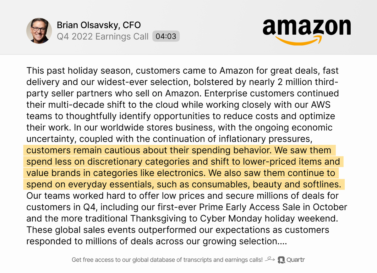 In this thread, we have curated 9 key quotes from $AMZN's recent earnings call🧵

It covers topics like consumer spending, AWS, cost 
savings, and more.

1. Consumer spending trends: