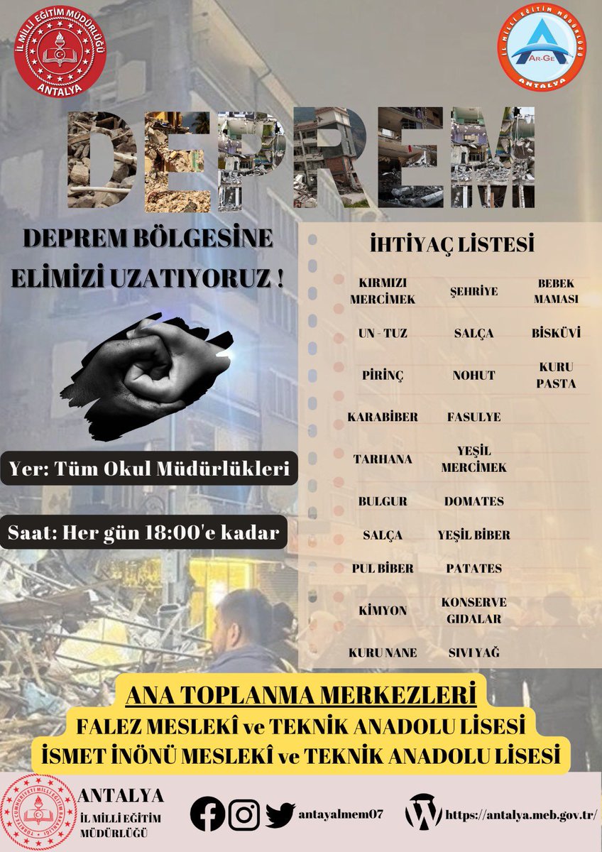 Antalya İl Millî Eğitim Müdürlüğü (@antalyamem07) on Twitter photo Yaralarımızı Birlikte Saracağız🤝
Ülkemizde yaşanan deprem felaketi sonrası vatandaşlarımızın sıcak yemek ve gıda ihtiyaçlarını karşılamak amacıyla Antalya İl Milli Eğitim Müdürlüğümüzce yardım kampanyası başlattık. En yakın okulumuza yardımlarınızı ulaştırabilirsiniz.
<a href="/tcmeb/">Millî Eğitim Bakanlığı</a> Yaralarımızı Birlikte Saracağız🤝
Ülkemizde yaşanan deprem felaketi sonrası vatandaşlarımızın sıcak yemek ve gıda ihtiyaçlarını karşılamak amacıyla Antalya İl Milli Eğitim Müdürlüğümüzce yardım kampanyası başlattık. En yakın okulumuza yardımlarınızı ulaştırabilirsiniz.
<a href="/tcmeb/">Millî Eğitim Bakanlığı</a>