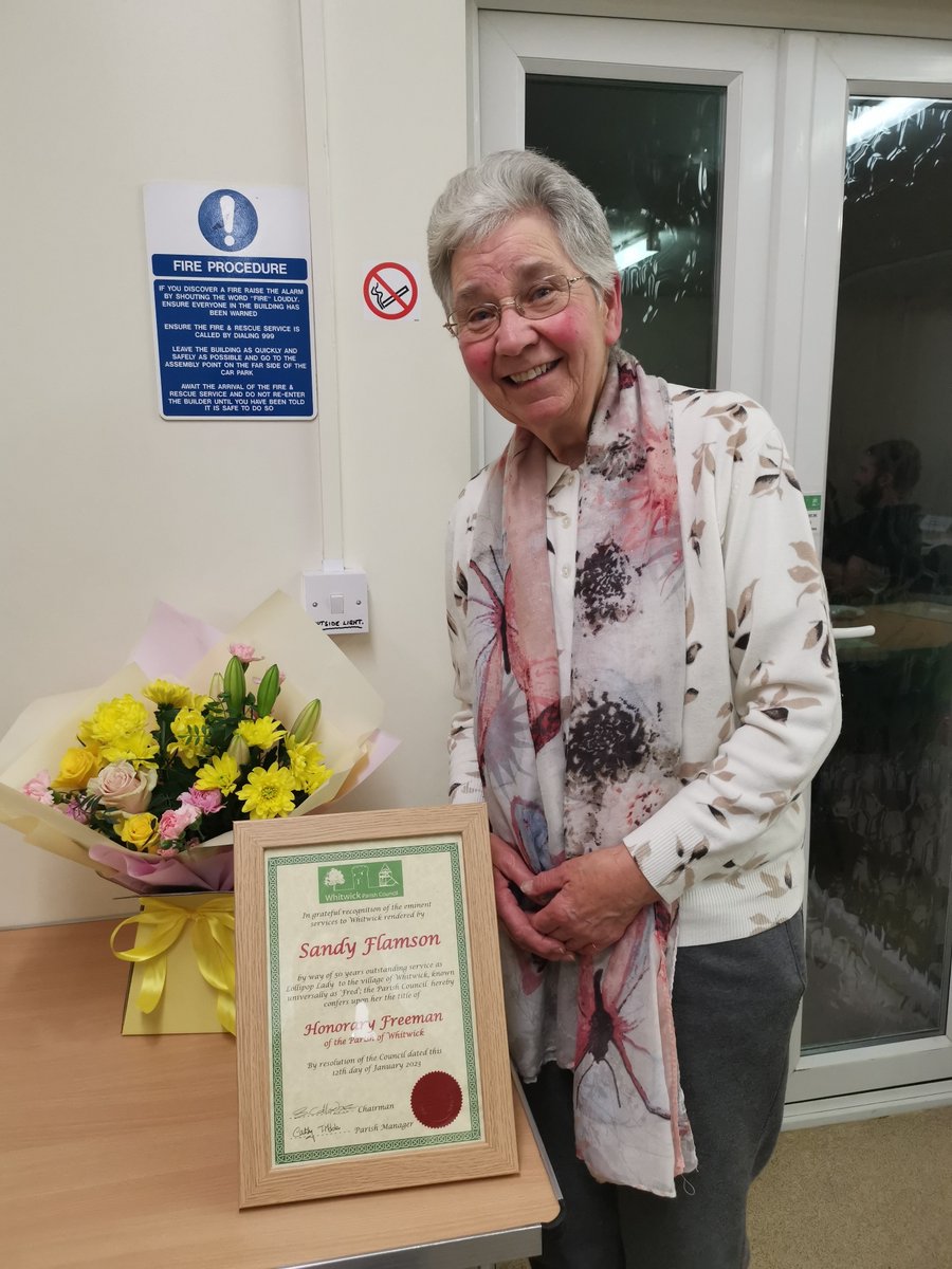 CHYMLeics's tweet photo. Meet Sandy, better known as Fred who is the School Crossing Patrol Officer in Whitwick.  Sandy has completed 50 years in service and has been awarded the 'Honorary Freeman of Whitwick' #lollipop #whitwick #scp #schoolcrossingpatrol #localhero @holycwhitwick @WhitwickPrimary https://t.co/NHHUB7sqM2