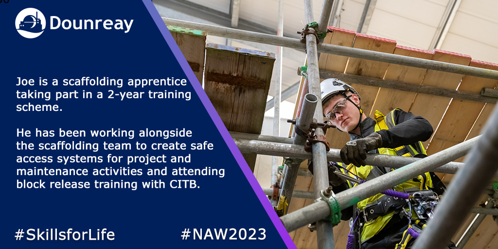 NRSdounreay's tweet photo. To celebrate #NAW2023, we will look at some exciting apprenticeship opportunities Dounreay will offer this year. If you have a head for heights, a scaffolding apprenticeship may be your ideal career choice. Applications open later this month: https://t.co/MwuLzuqpGe #DecommSkills https://t.co/2qrRbIhQiV