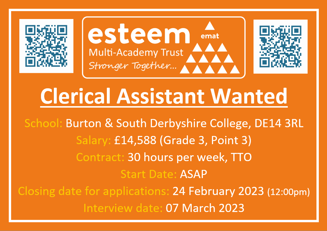 CLERICAL ASSISTANT WANTED:
For info, officehigh@fountains.staffs.sch.uk
To apply, esteemmat.co.uk/jointheteam

#recruitment #jobs #staffordshirejobs #staffordshire #derbyshirejobs #derbyshire #sendjobs #vacancies #apply #education #educationjobs #nottinghamshire #nottinghamshirejobs