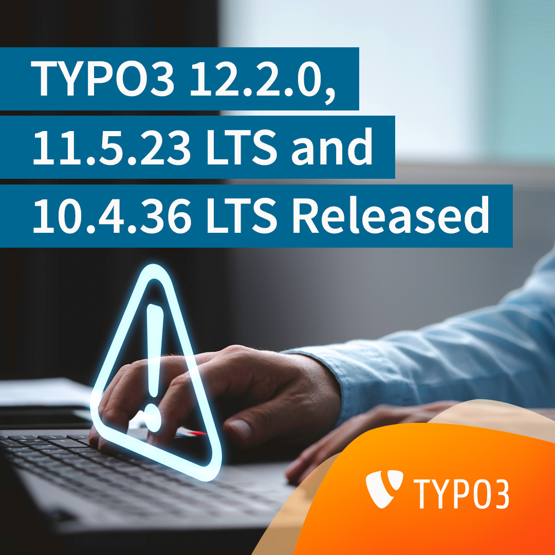 Announcing the security release of #TYPO3 12.2.0, 11.5.23 and 10.4.36
Please update as soon as possible‼️
Find more information in our Release Notes: hubs.li/Q01BvJYV0
#TYPO3CMS #WeLoveTYPO3 #security