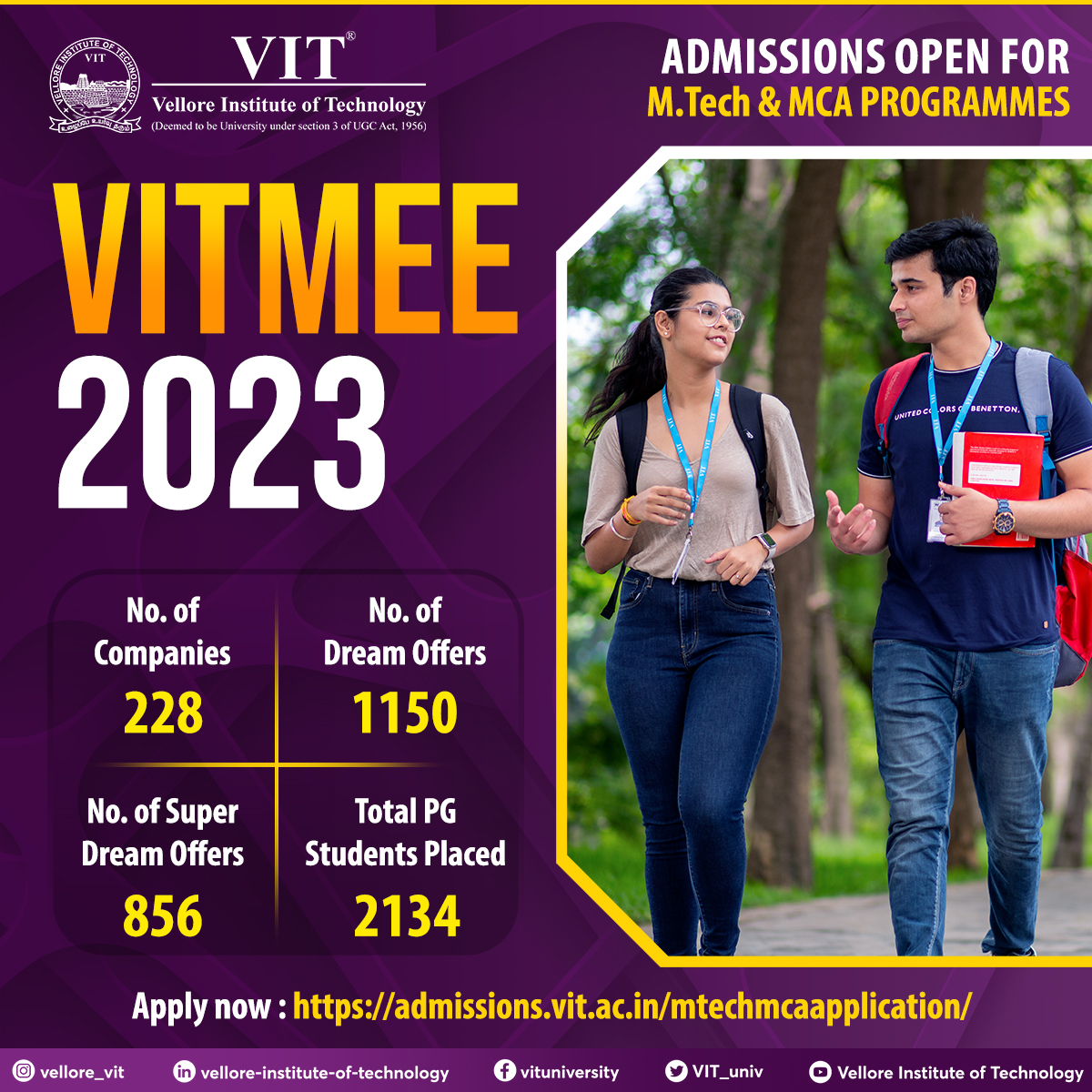 VIT_univ's tweet photo. Be a part of the #PGengineering programmes and #MCA at #VIT, which have been designed uniquely to cater to futuristic job demands and industry challenges.
Apply for #VITMEE @ https://t.co/6Lwv9Rlibc
#MasterPrograms #PGAdmissions #mastersdegree #postgraduate #MTech https://t.co/zZyPinsOZU