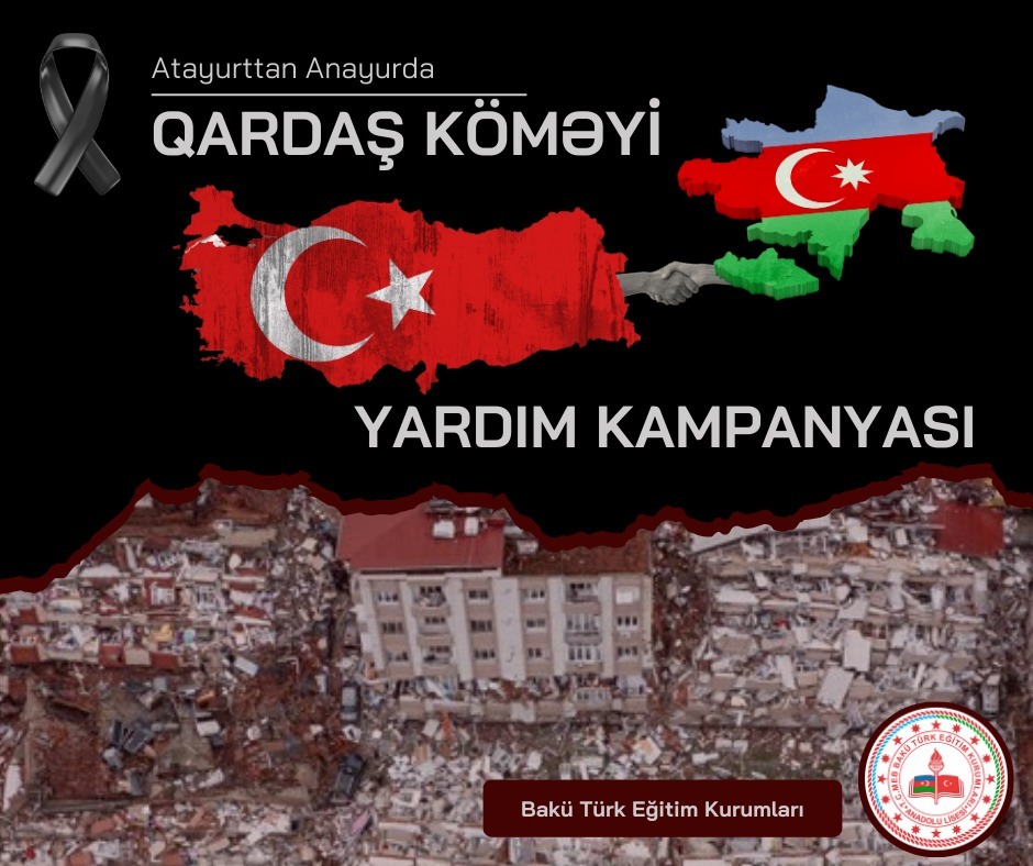 Değerli velilerimiz,
Bakü Türk Eğitim Kurumları güçlü bağlarla birbirine bağlanmış büyük bir ailedir.  Bundan güç alarak "QARDAŞ KÖMEYİ" adıyla bir bağış kampanyası düzenliyoruz. 
Lütfen sınıf rehber öğretmenleriyle bağlantı kurunuz.
Katkılarınız için şimdiden teşekkür ederiz.