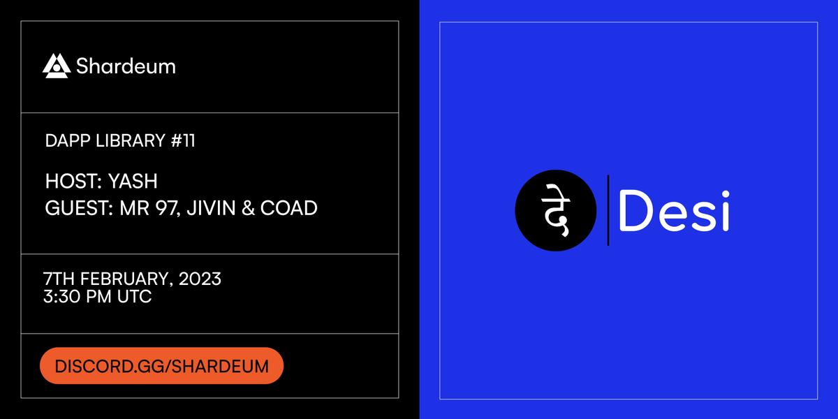 letsbuildweb3's tweet image. #dAppLibrary #11: @Desilabs
 
@yashjhade meets @JivinVaidya &amp;amp; @Coad1024 to talk about how they utilize the power of @shardeum to craft a suite of powerful financial tools!

Tune in today at 3:30 PM UTC! #BuildWeb3 🚀

🔗 discord.gg/shardeum