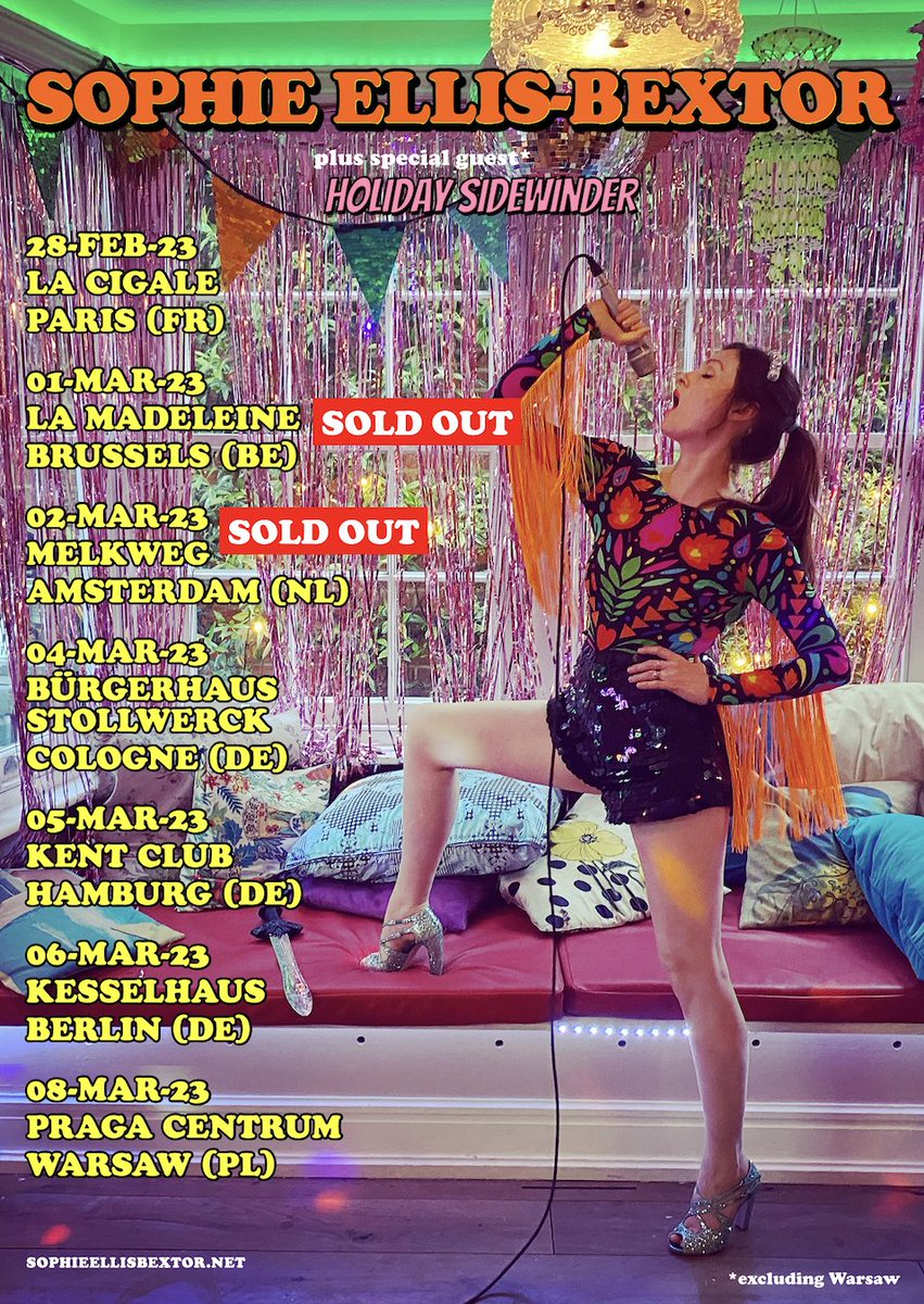 SophieEB's tweet image. Yippee! Our most excellent support for last year’s UK Kitchen Disco Tour, Holiday Sidewinder, is coming with us on the European tour, too! Very happy to have you along for the ride @hsidewinder

Book tickets now: sophieellisbextor.komi.io