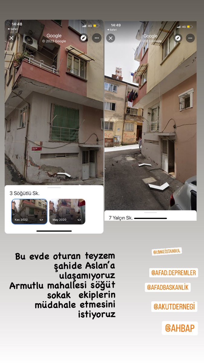 ebrugulekk's tweet photo. #deprem #YARDIM #AKUT #afaddeprem  Şahide aslan armutlu mahallesi sögütlü Sokak hala ulaşamıyoruz göçük altında olabileceğini düşüyoruz ekiplerin müdahale etmesini istiyoruz lütfen sesimizi duyun .. https://t.co/KNb6KY2wtn