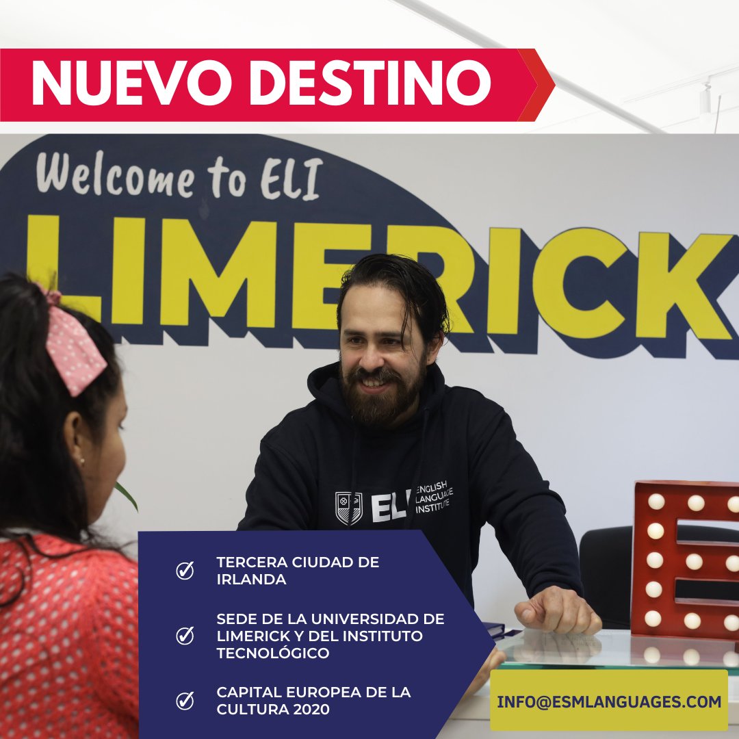 EsmLanguages's tweet photo. Si tu objetivo para el 2023 es #improveyourenglish, contamos con un nuevo destino para lograrlo a la vez que te diviertes y #discoverireland. Ahora cuentas con la opción de estudiar en Limerick 💚
#academiamieres #cursosdeidiomasenelextranjero #aprendedivitirendote #esmlanguages https://t.co/QPSCUHsJfV