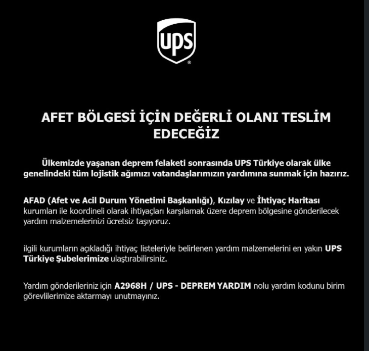 k_basali's tweet photo. insani yardım malzemesi (Daha önce belirlenmiş yardım malzemelerini) #deprem bölgelerine göndermek isteyen varsa  #ups ücretsiz hizmet sunuyormuş.

Teşekkürler Yenal Yolal ve #upsturkiye https://t.co/xjXvkYYQ81
