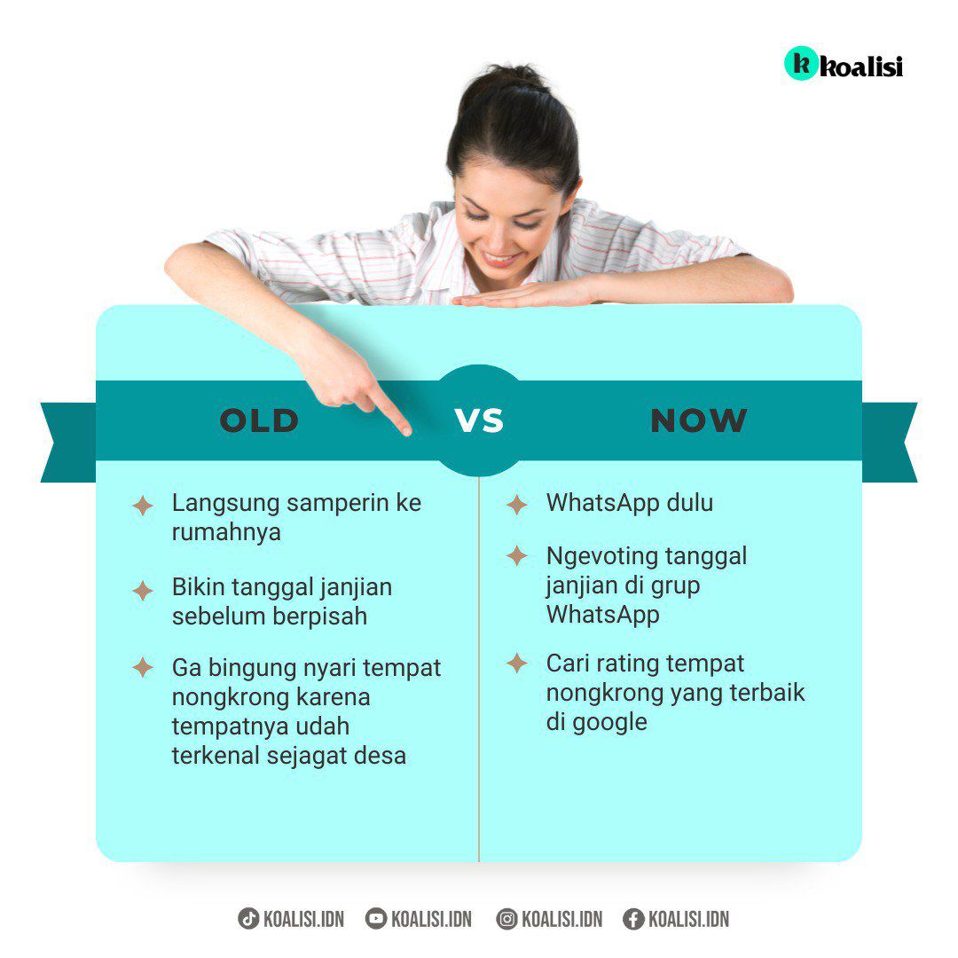 Eh udah liat grup WhatsApp belom?”
 
Like •‌ Comment •‌ Share info ini ya Kawan Literasi!
 
#teknologi #perbedaan #tempodoeloe #90an #80an #2000an #millenial #genx #geny #genz 
#genalpha #whatsapp #chat #chattingan #zamannow #zamansekarang #anakmuda #lifestyle 
#lifelessons