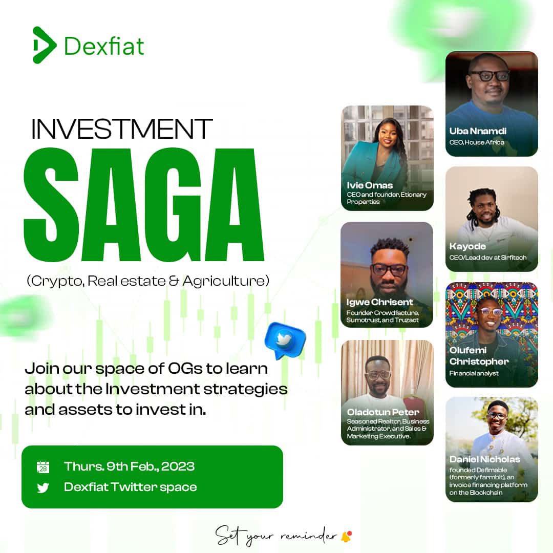 Join us this Thursday, let’s learn more about Investing in Crypto, Real Estate & Agriculture. 

@DexFiat