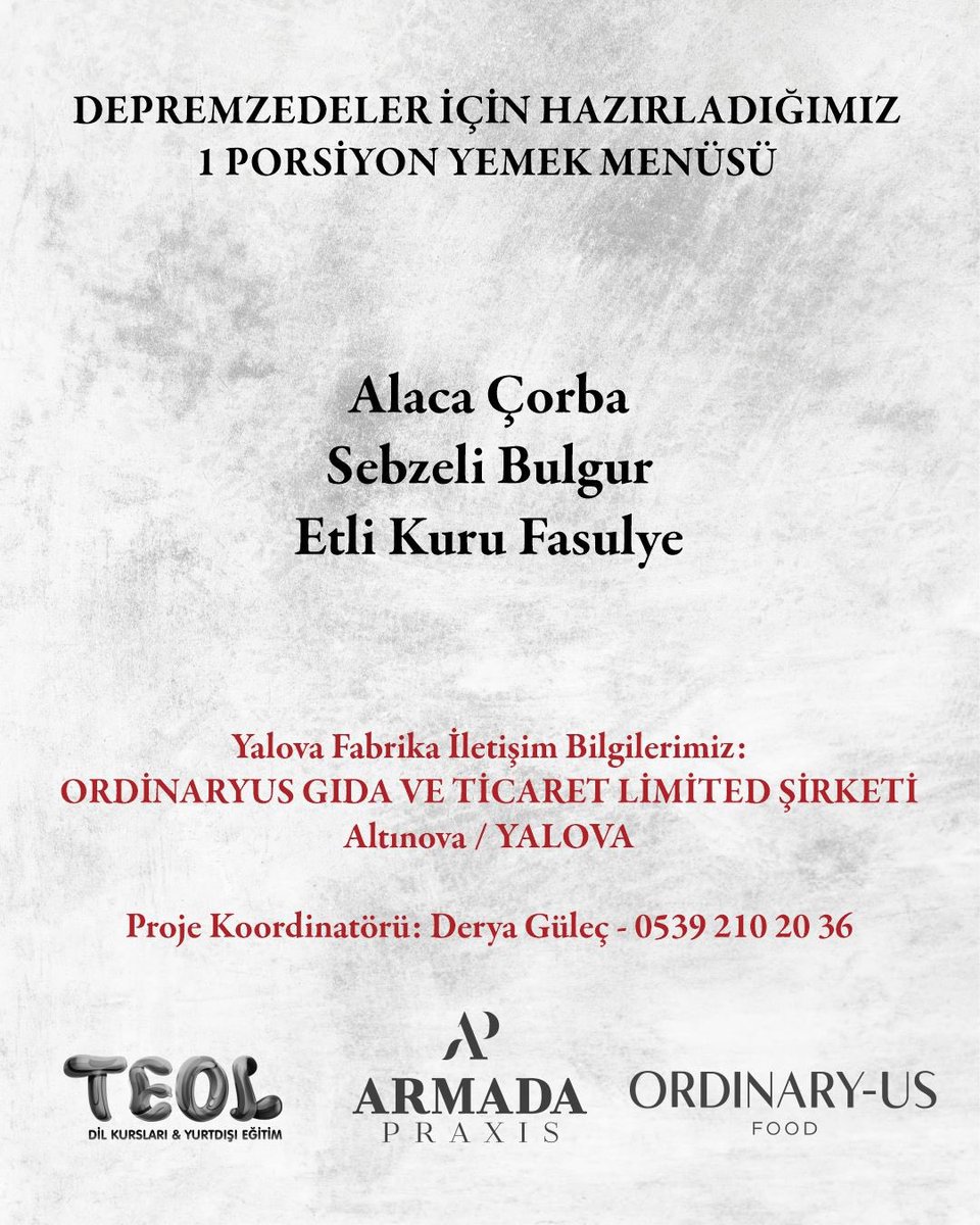 Yalova’da bulunan Ordinary-Us Gıda Fabrikamız’da hazır yemek üretimini hızlandırarak 2 gün içerisinde Armada Praxis, TEOL Dil Okulları ve Ordinary-Us olarak 30.000 kişilik yemeği AFAD ile koordineli bir şekilde #deprem bölgesine ulaştırıyoruz.

Bu günleri hep birlikte aşacağız🙏🏻